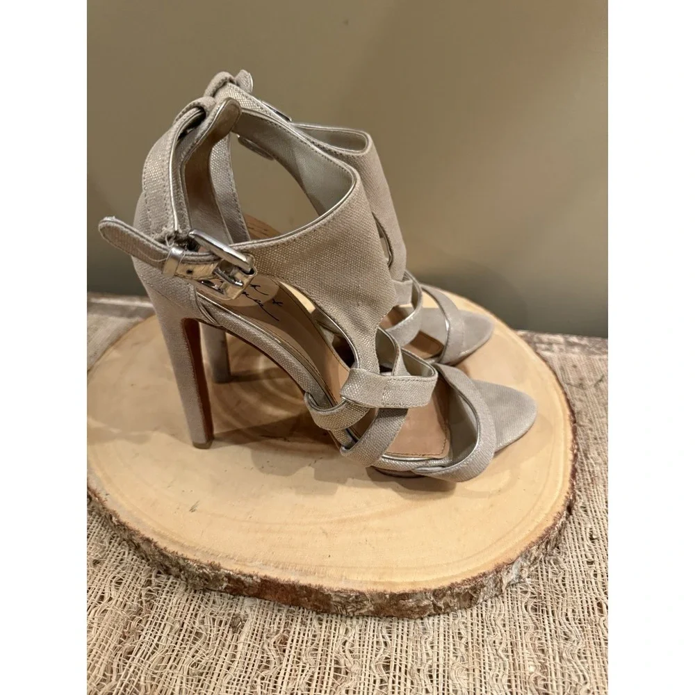 MARK & JAMES by BADGLEY MISCHKA Shimmer Beige Cross Strappy Stiletto Heels Sz-10